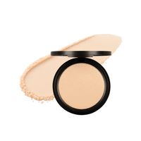 A beige face powder compact displays its light, shimmery texture alongside a swatch of the product.
