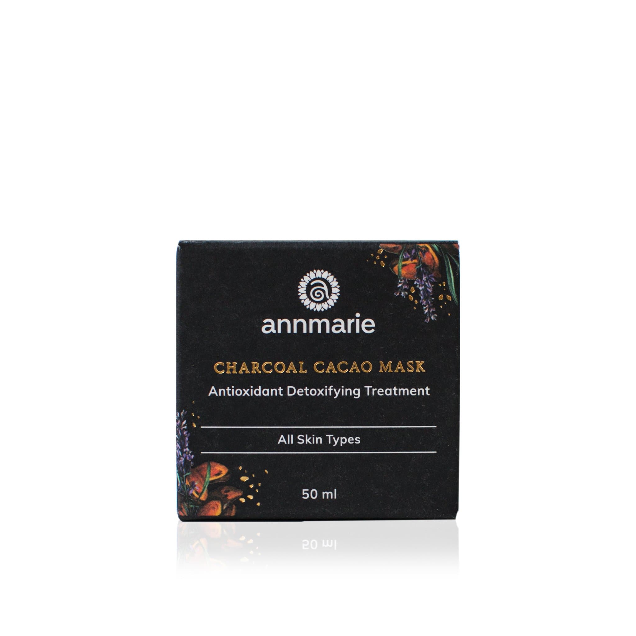 Annmarie's Charcoal Cacao Mask box showcases its antioxidant detoxifying treatment for all skin types.
