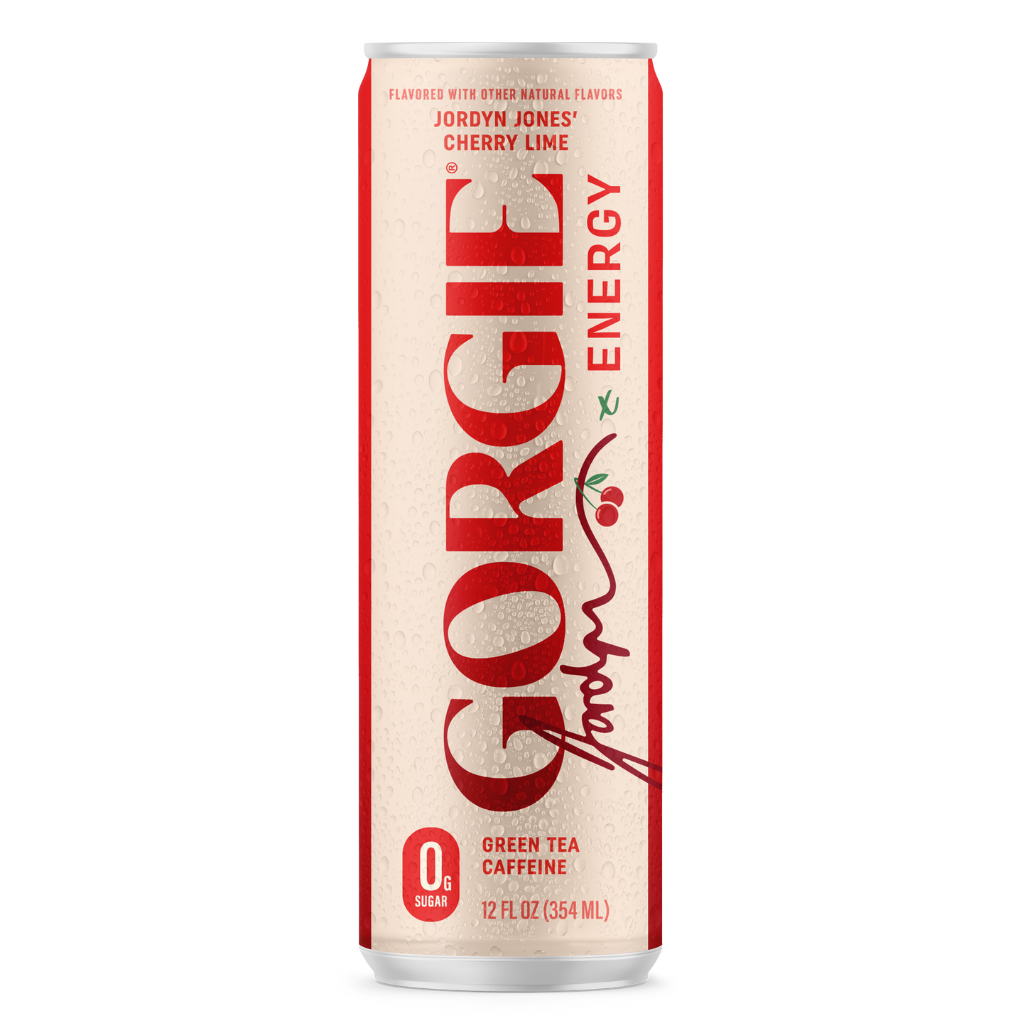 A chilled can of Jordyn Jones' Gorgie Cherry Lime energy drink features zero sugar and green tea caffeine.
