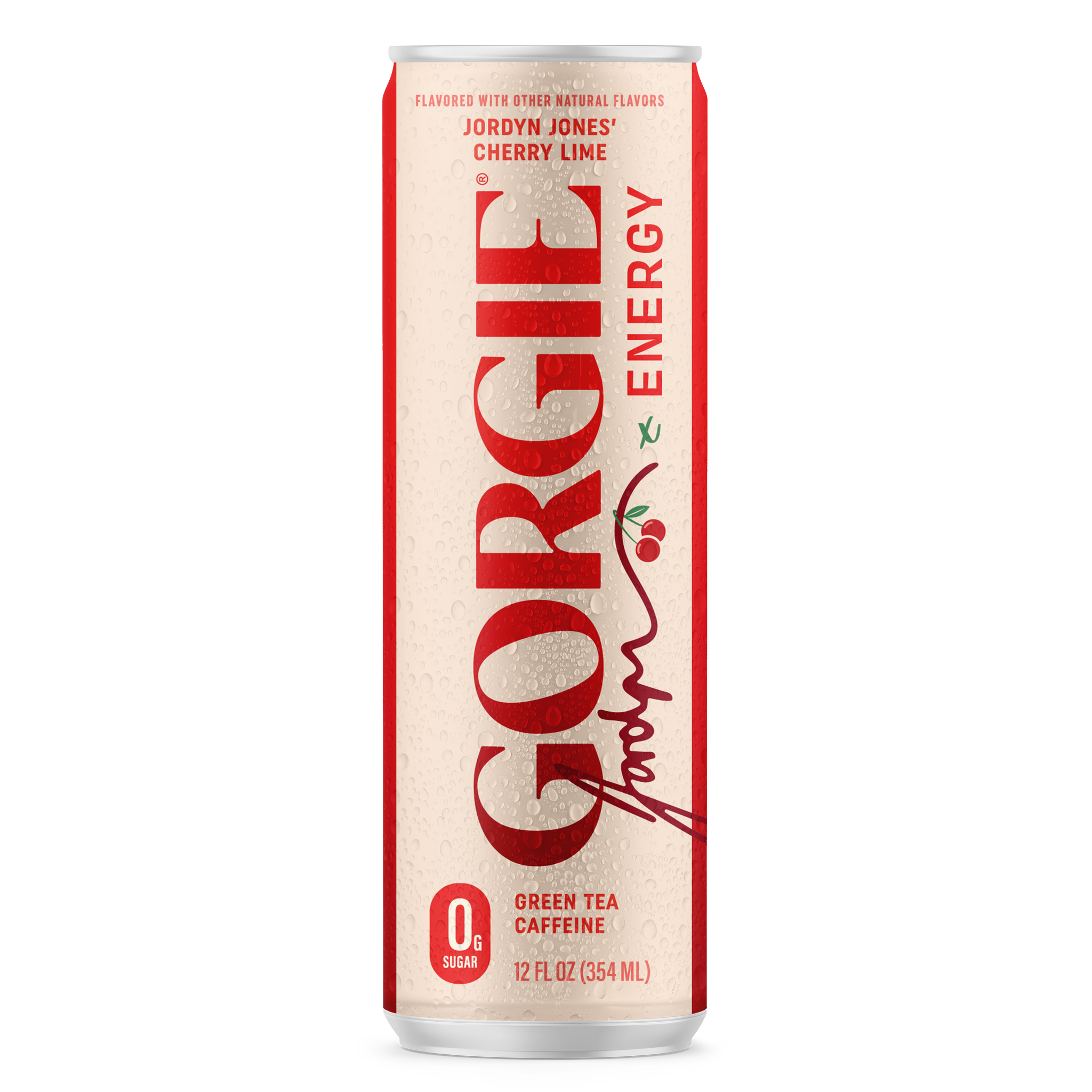 A chilled can of Jordyn Jones' Gorgie Cherry Lime energy drink features zero sugar and green tea caffeine.
