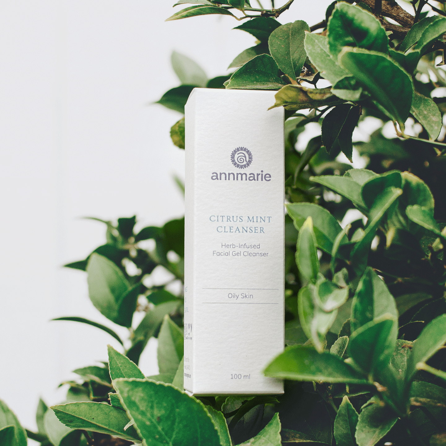 Annmarie Citrus Mint Cleanser for Oily Skin sits nestled within fresh green foliage.
