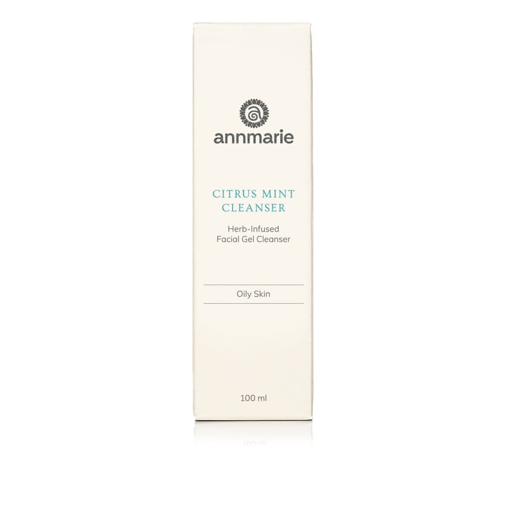Annmarie Citrus Mint Cleanser, a herb-infused facial gel for oily skin, sits on a white surface.

