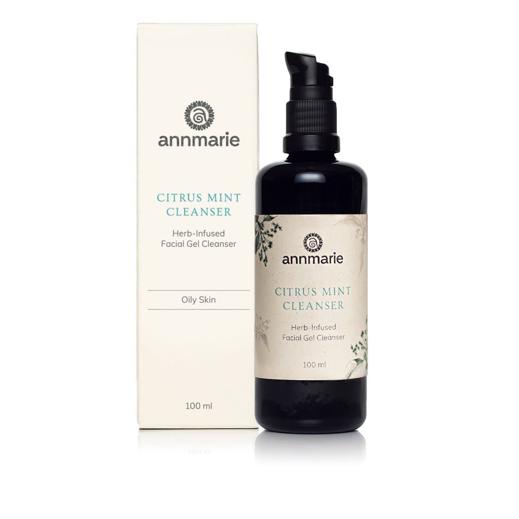 Annmarie Citrus Mint Cleanser, a herb-infused facial gel for oily skin, stands beside its product box.
