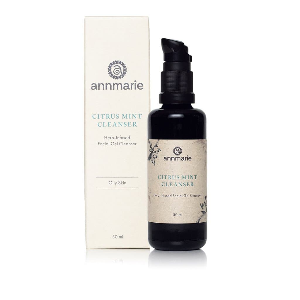 Annmarie Citrus Mint Cleanser, a herb-infused facial gel for oily skin, sits next to its product box.
