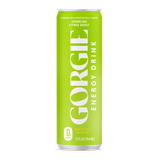A green can of GORGIE Energy Drink promotes its sparkling citrus burst flavor and zero sugar content.
