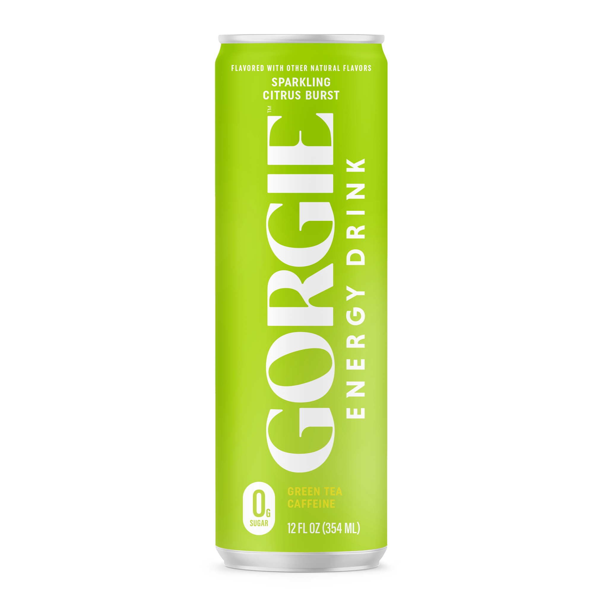 A green can of GORGIE Energy Drink promotes its sparkling citrus burst flavor and zero sugar content.
