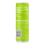 Viewers examine a light green low-calorie energy drink can displaying its nutrition facts and ingredients, highlighting its caffeine content derived from green tea.
