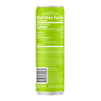 Viewers examine a light green low-calorie energy drink can displaying its nutrition facts and ingredients, highlighting its caffeine content derived from green tea.
