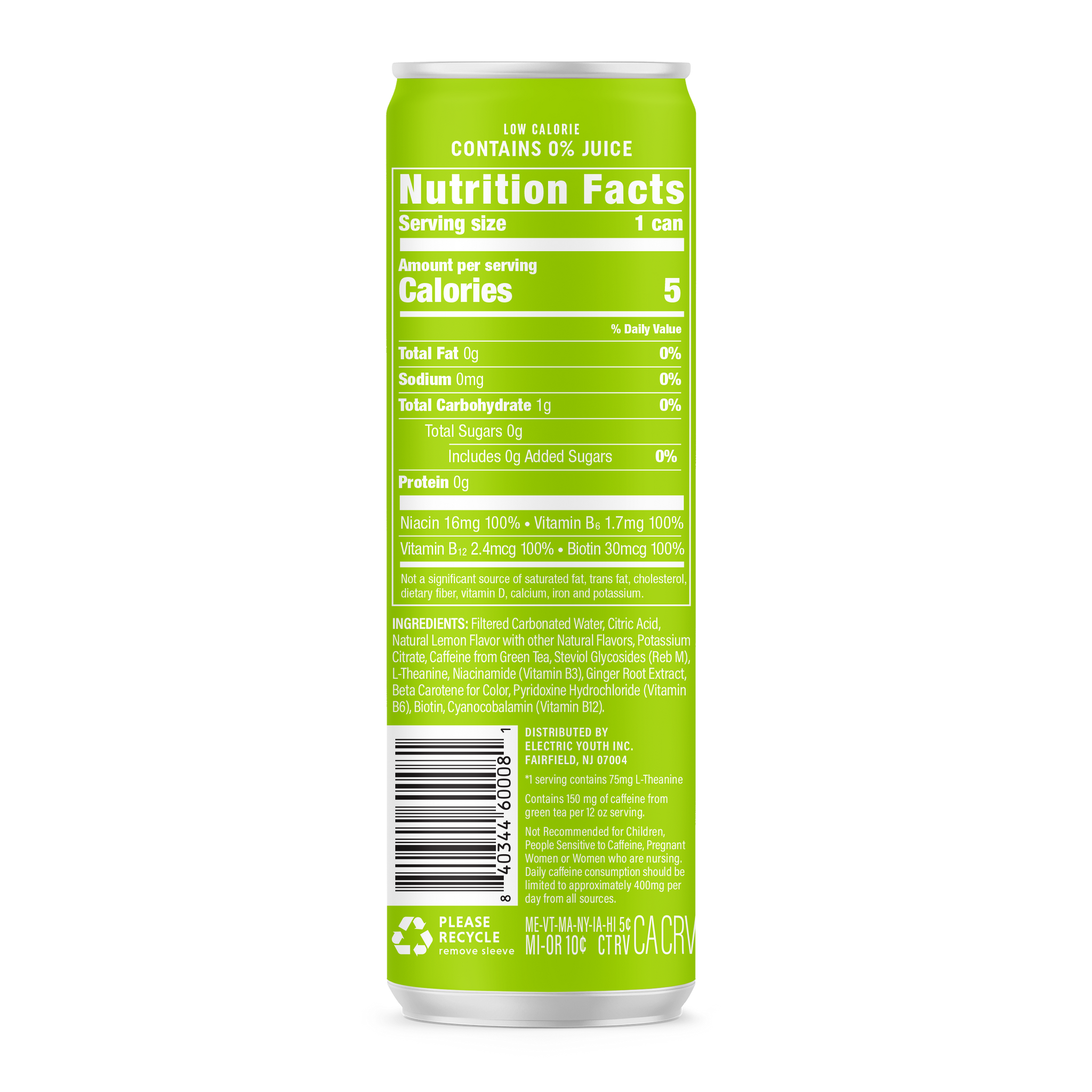 Viewers examine a light green low-calorie energy drink can displaying its nutrition facts and ingredients, highlighting its caffeine content derived from green tea.
