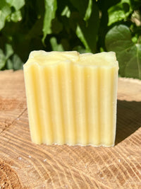 A square bar of yellow, ribbed homemade soap rests on a textured wooden surface in front of green foliage.
