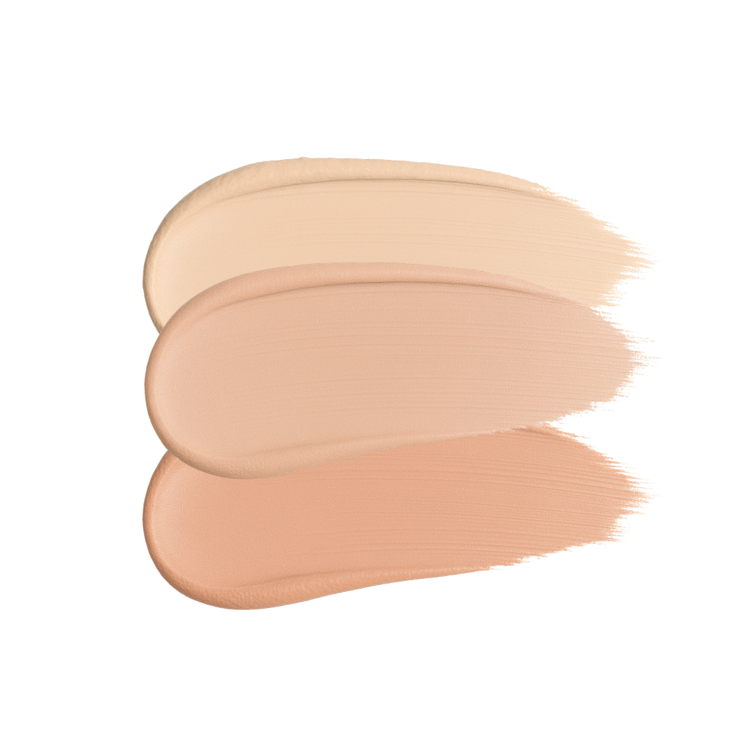 Foundation swatches display light, medium, and dark shades of beige makeup.
