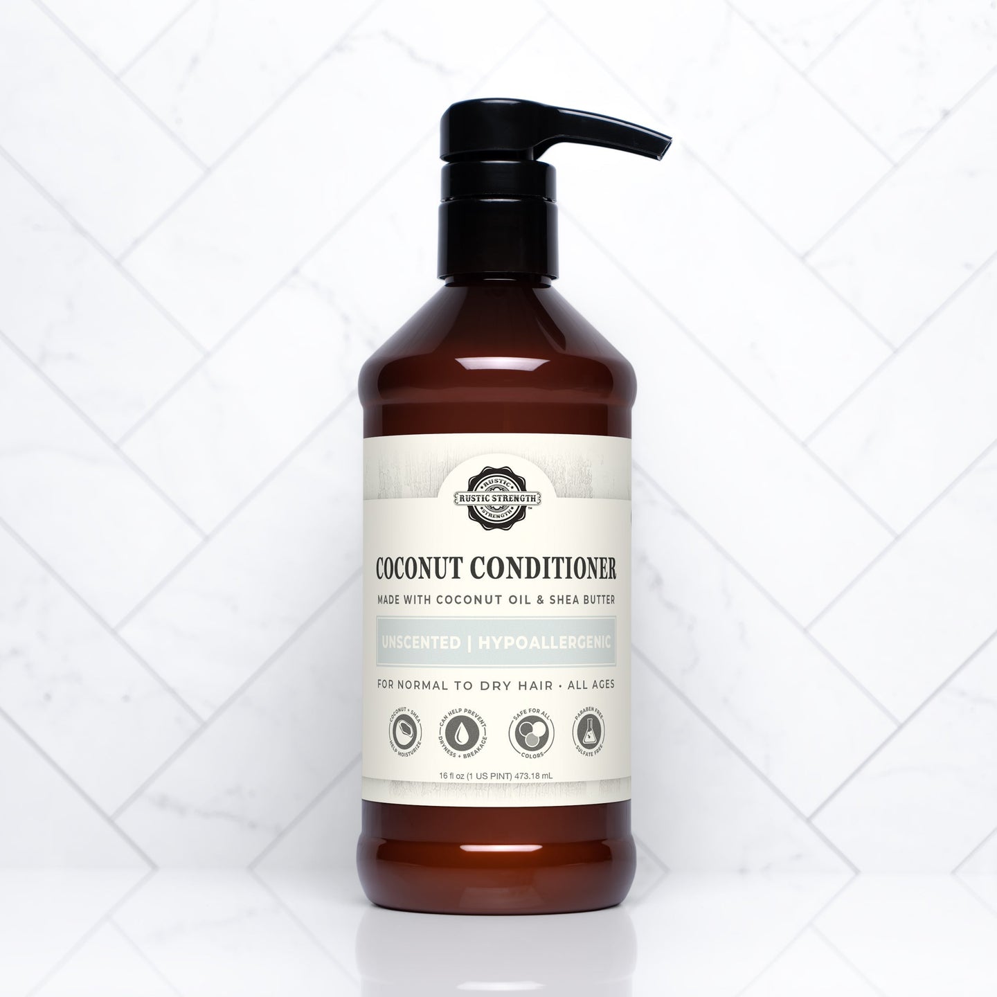 A bottle of Rustic Strength coconut conditioner promises to moisturize and strengthen normal to dry hair.
