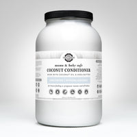View shows a jar of Rustic Strength mama & baby safe coconut conditioner made with coconut oil and shea butter.