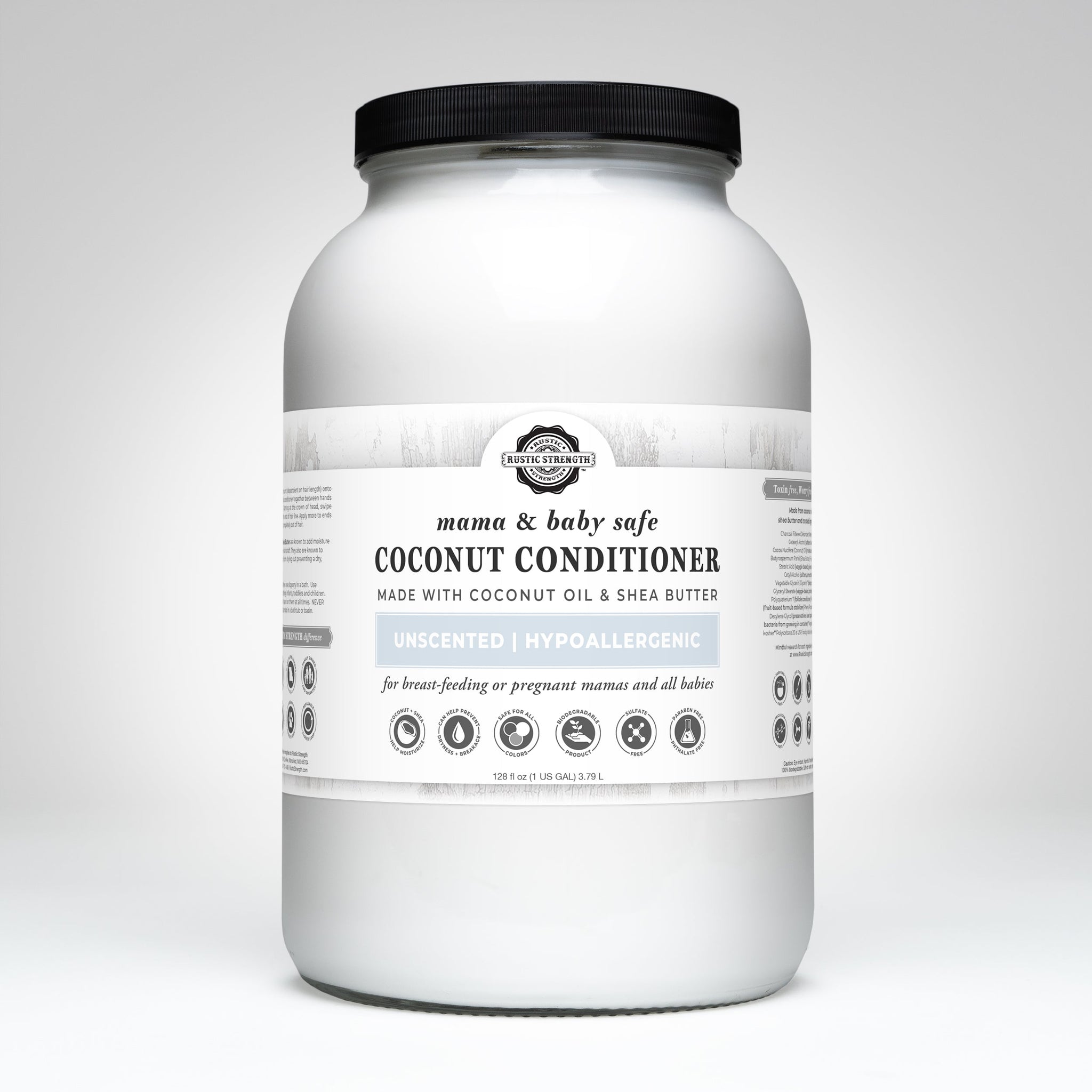 View shows a jar of Rustic Strength mama & baby safe coconut conditioner made with coconut oil and shea butter.