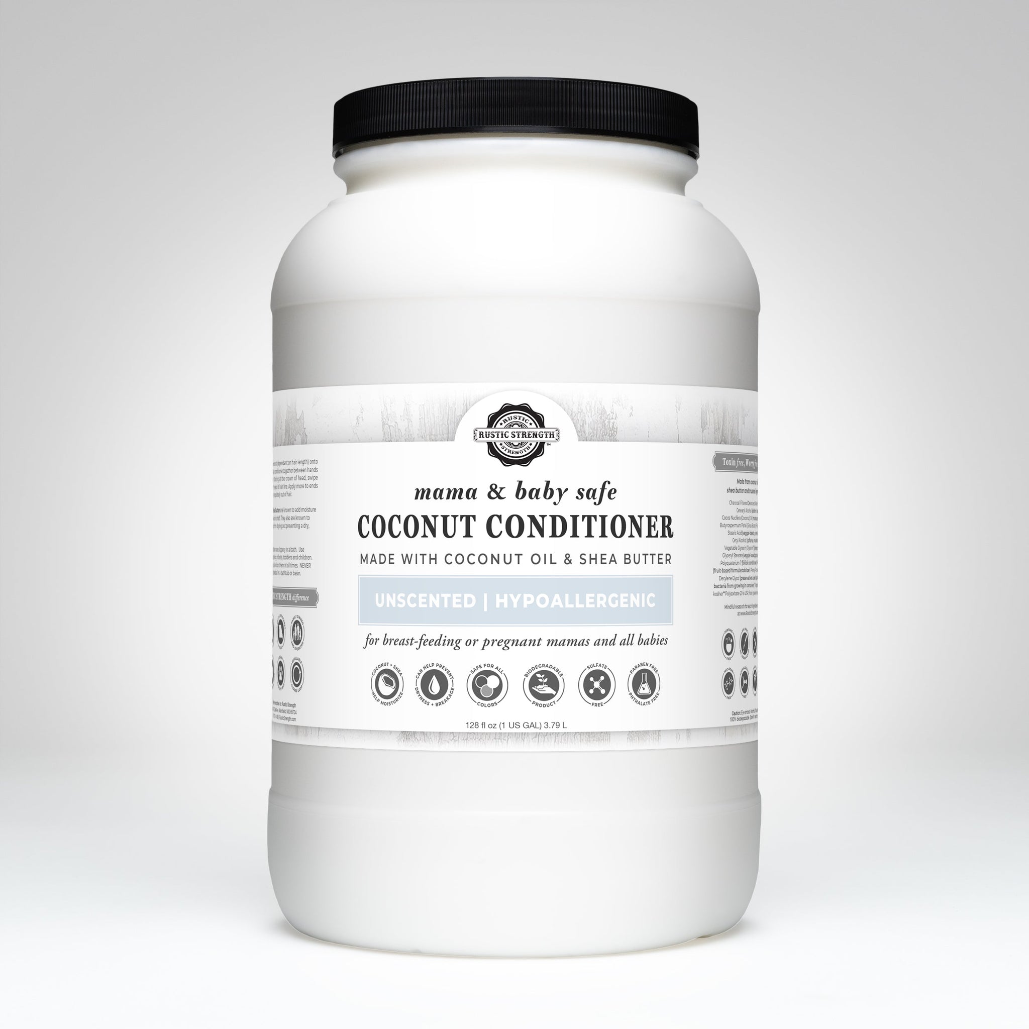Examine a large container of Rustic Strength Mama & Baby Safe coconut conditioner, unscented and hypoallergenic, crafted with coconut oil and shea butter.
