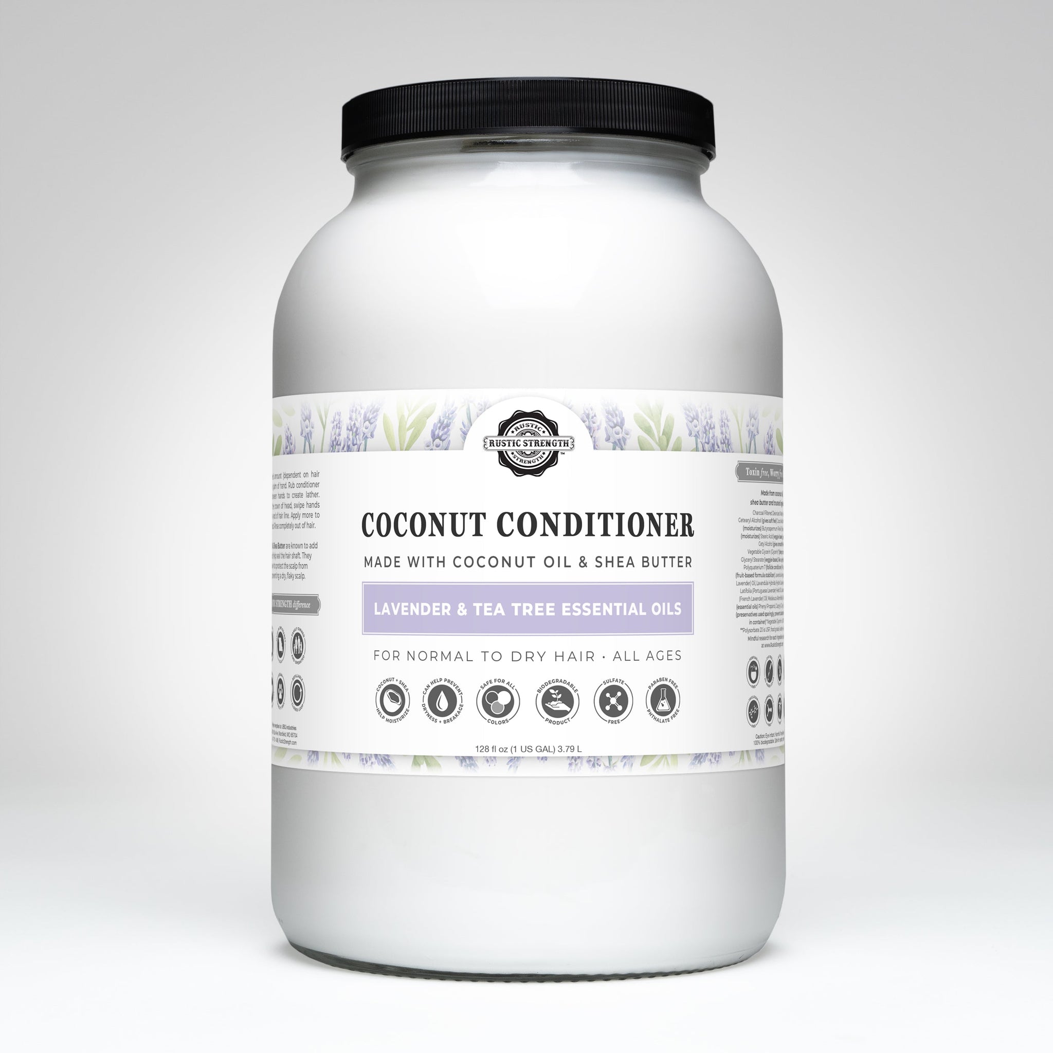 Rustic Strength markets a large jar of coconut conditioner with lavender and tea tree essential oils for normal to dry hair.