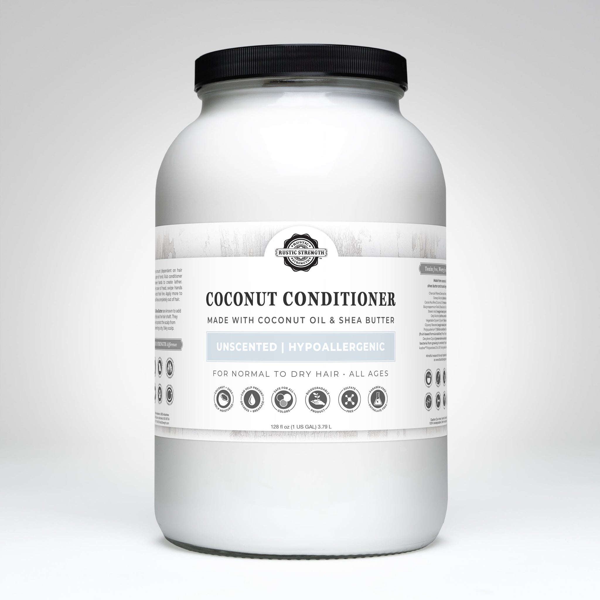 Rustic Strength promotes their large jar of unscented, hypoallergenic coconut conditioner made with coconut oil and shea butter for normal to dry hair.