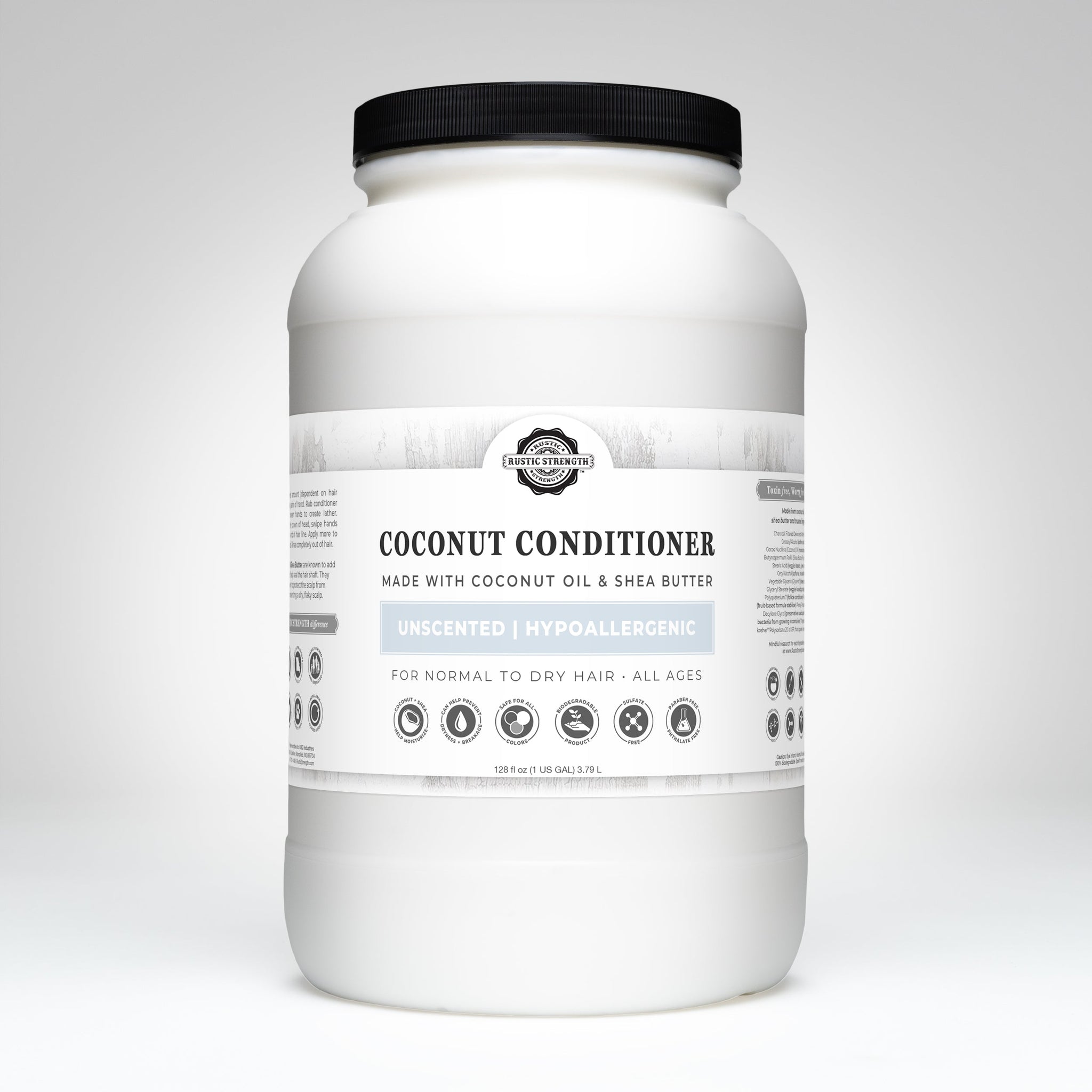 View shows a large, white bottle of Rustic Strength coconut conditioner made with coconut oil and shea butter.
