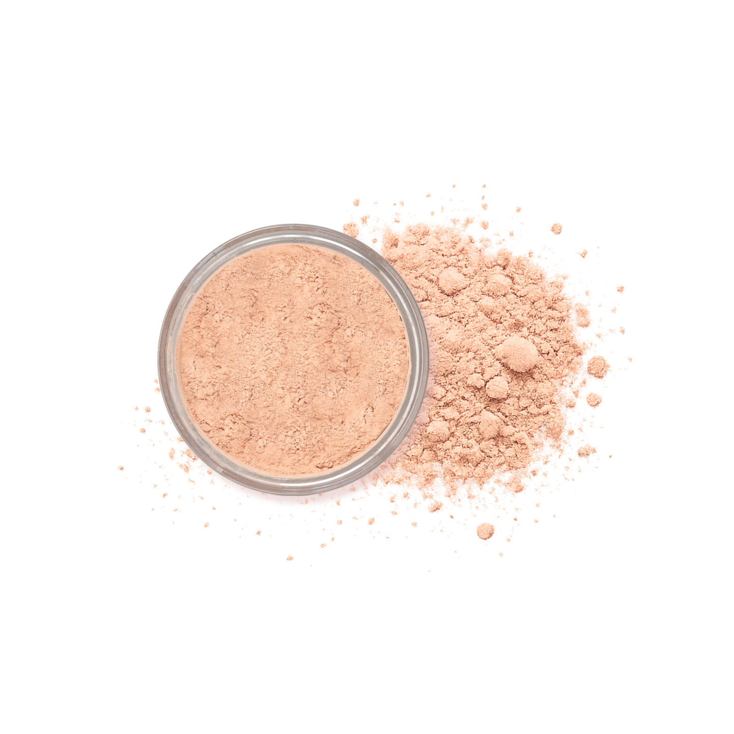 Translucent jar holds beige setting powder, which spills onto a white surface.
