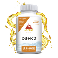 Ascent Nutrition promotes their D3+K2 dietary supplement capsules for immune and bone health, featuring an oil splash.
