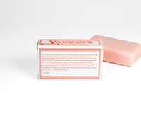 A bar of Vanman's tallow and coconut soap sits next to its packaging box, showcasing the brand's philosophy of utilizing the entire animal.