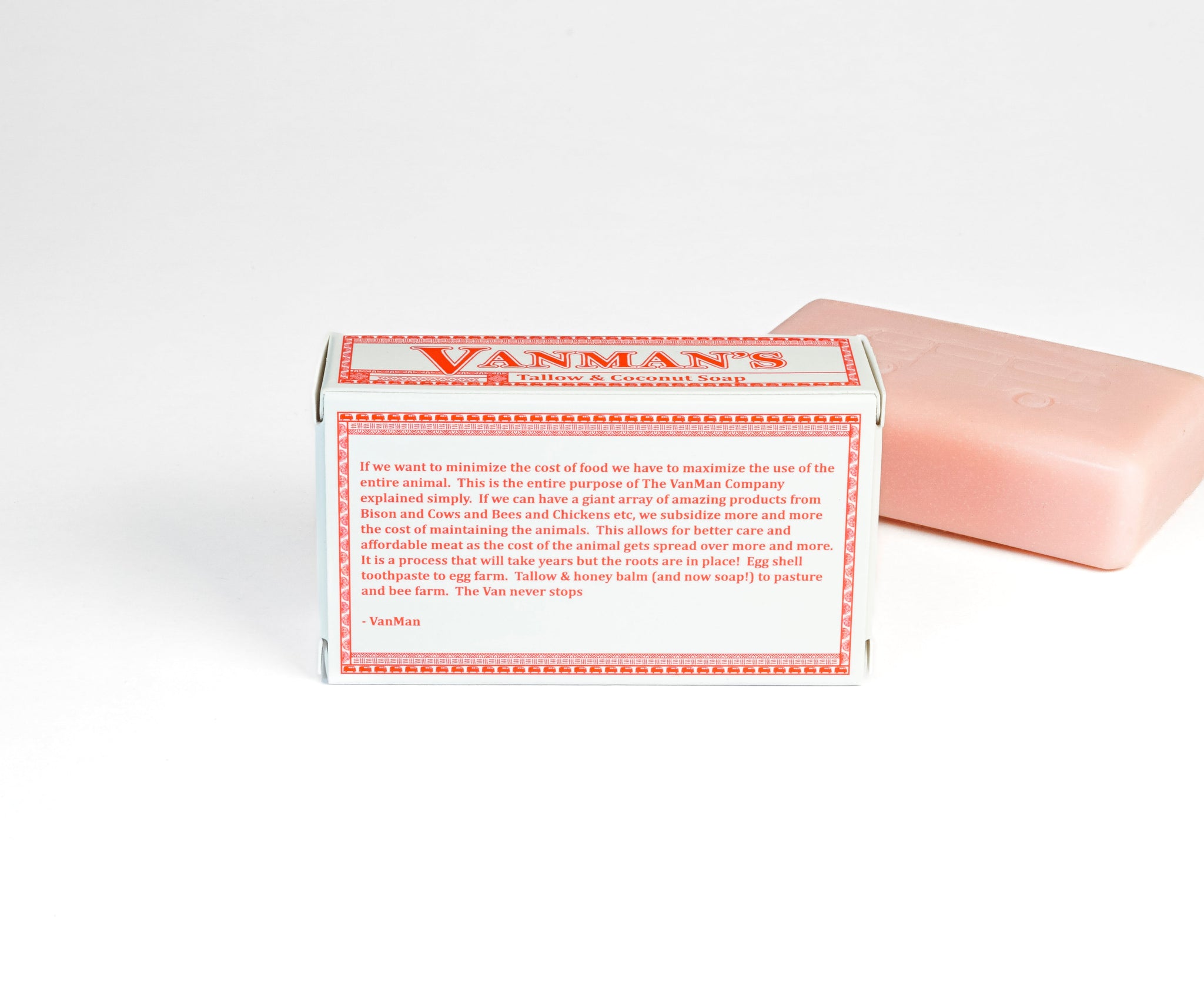 A bar of Vanman's tallow and coconut soap sits next to its packaging box, showcasing the brand's philosophy of utilizing the entire animal.
