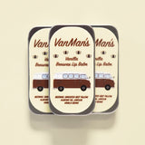 Three tins of VanMan's Vanilla Beeswax Lip Balm display a vintage van illustration.