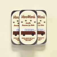 Three tins of VanMan's Vanilla Beeswax Lip Balm display a vintage van illustration.