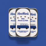 Showcases three tins of VanMan's Tallow Beeswax Lip Balm featuring a vintage blue van design.
