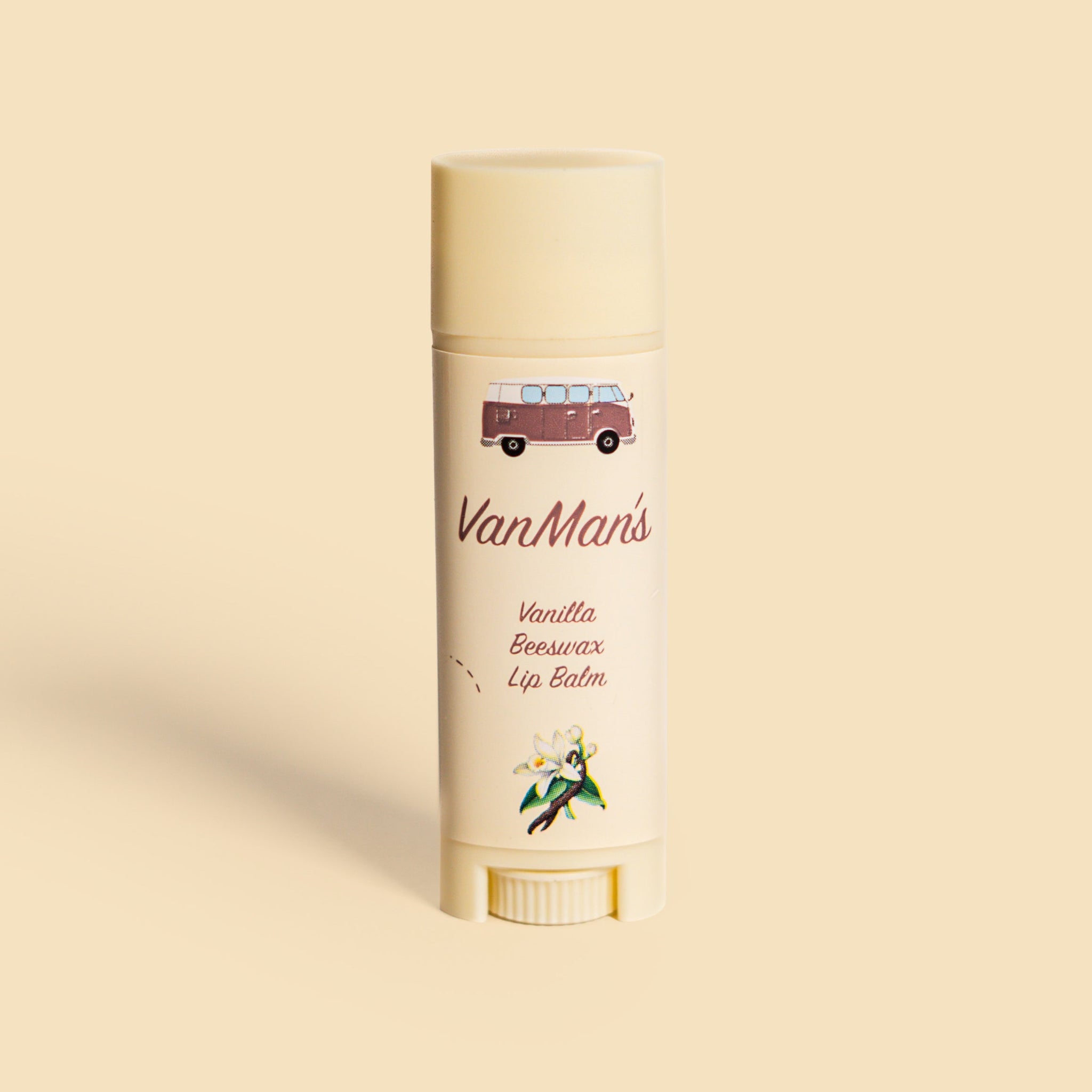 VanMan's Vanilla Beeswax Lip Balm features a vintage van illustration and a delicate vanilla blossom.
