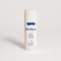 Van Man's tallow beeswax lip balm features a blue vintage van and cow illustration.
