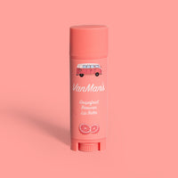 Van Man's grapefruit beeswax lip balm features a vintage bus design on its coral packaging.
