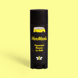 VanMan's Peppermint Beeswax Lip Balm features a yellow VW bus and a cute bee on its black tube.
