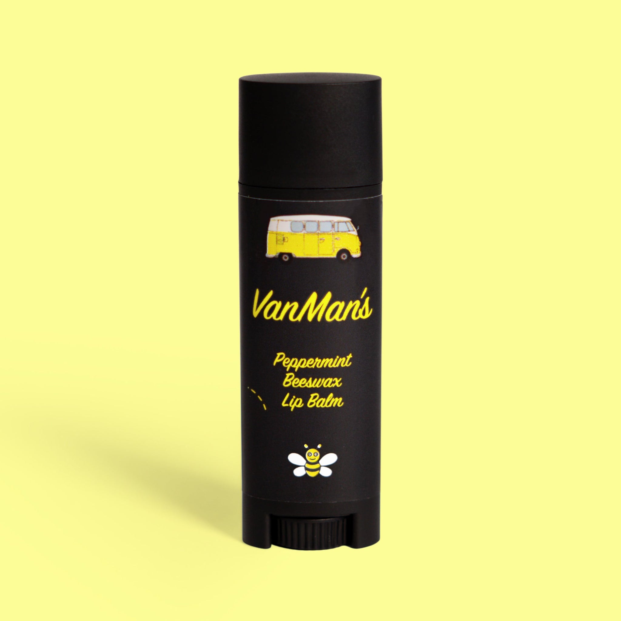 VanMan's Peppermint Beeswax Lip Balm features a yellow VW bus and a cute bee on its black tube.
