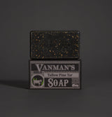 Vanman's Tallow Pine Tar Soap features a classic VW bus imprint on the bar and vintage-style packaging.
