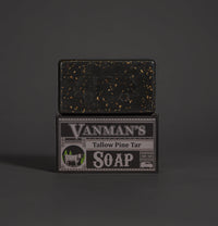Vanman's Tallow Pine Tar Soap features a classic VW bus imprint on the bar and vintage-style packaging.
