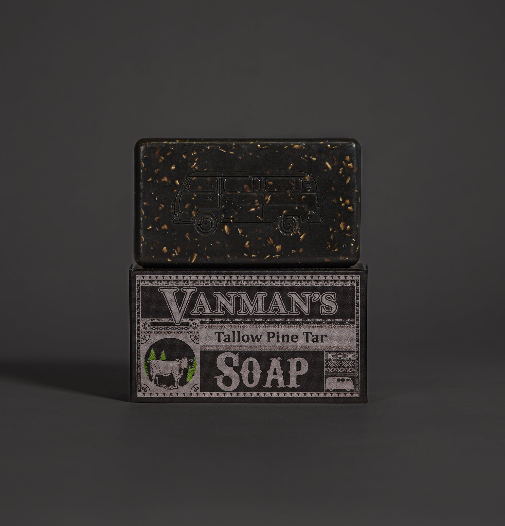 Vanman's Tallow Pine Tar Soap features a classic VW bus imprint on the bar and vintage-style packaging.
