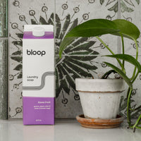 Bloop laundry soap, featuring a stone fruit scent, sits beside a potted plant on a countertop.
