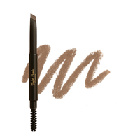 Taylor Made Organics brow pencil displays a taupe swatch, demonstrating its color payoff.
