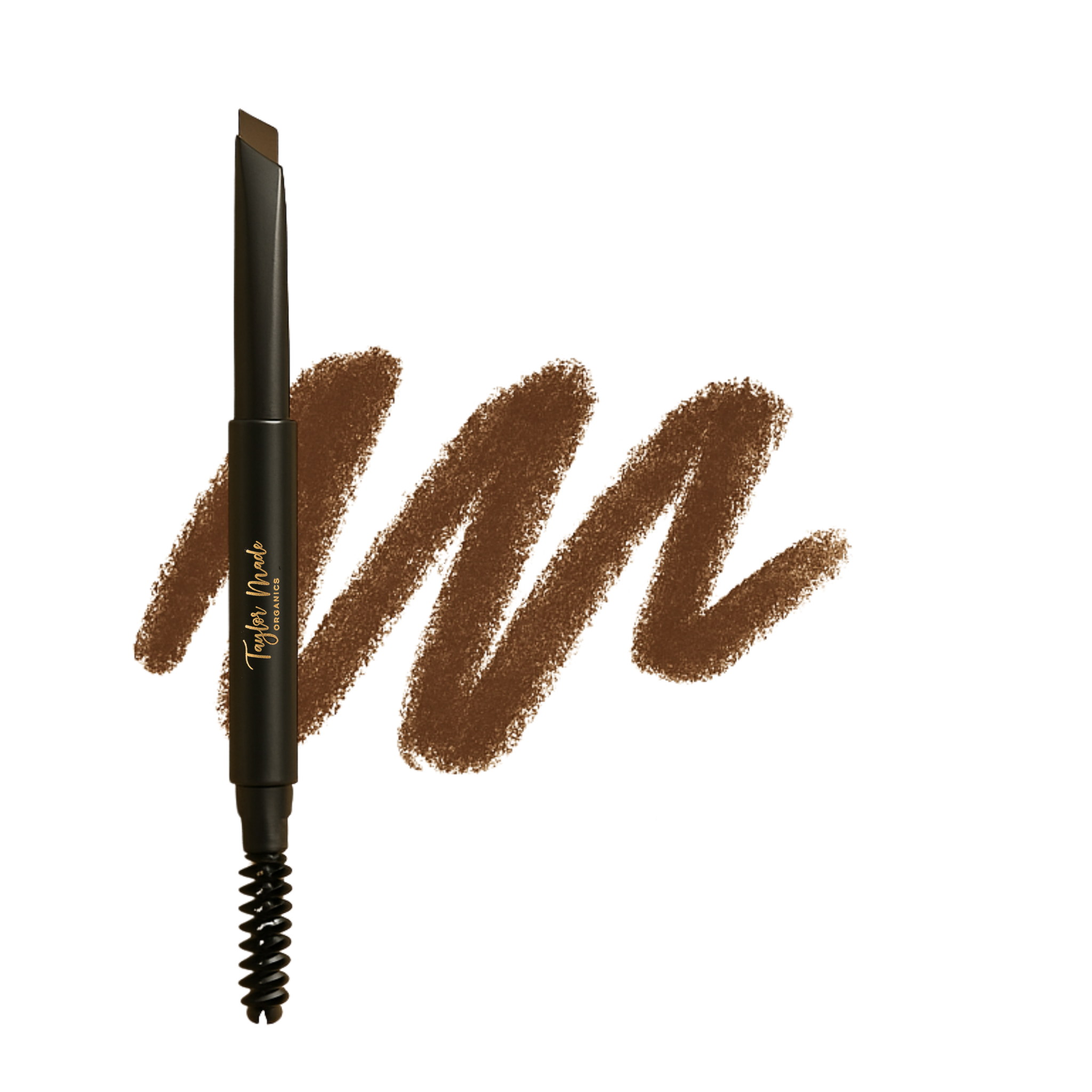 Taylor Made Organics brow pencil displays next to a dark brown eyebrow swatch.
