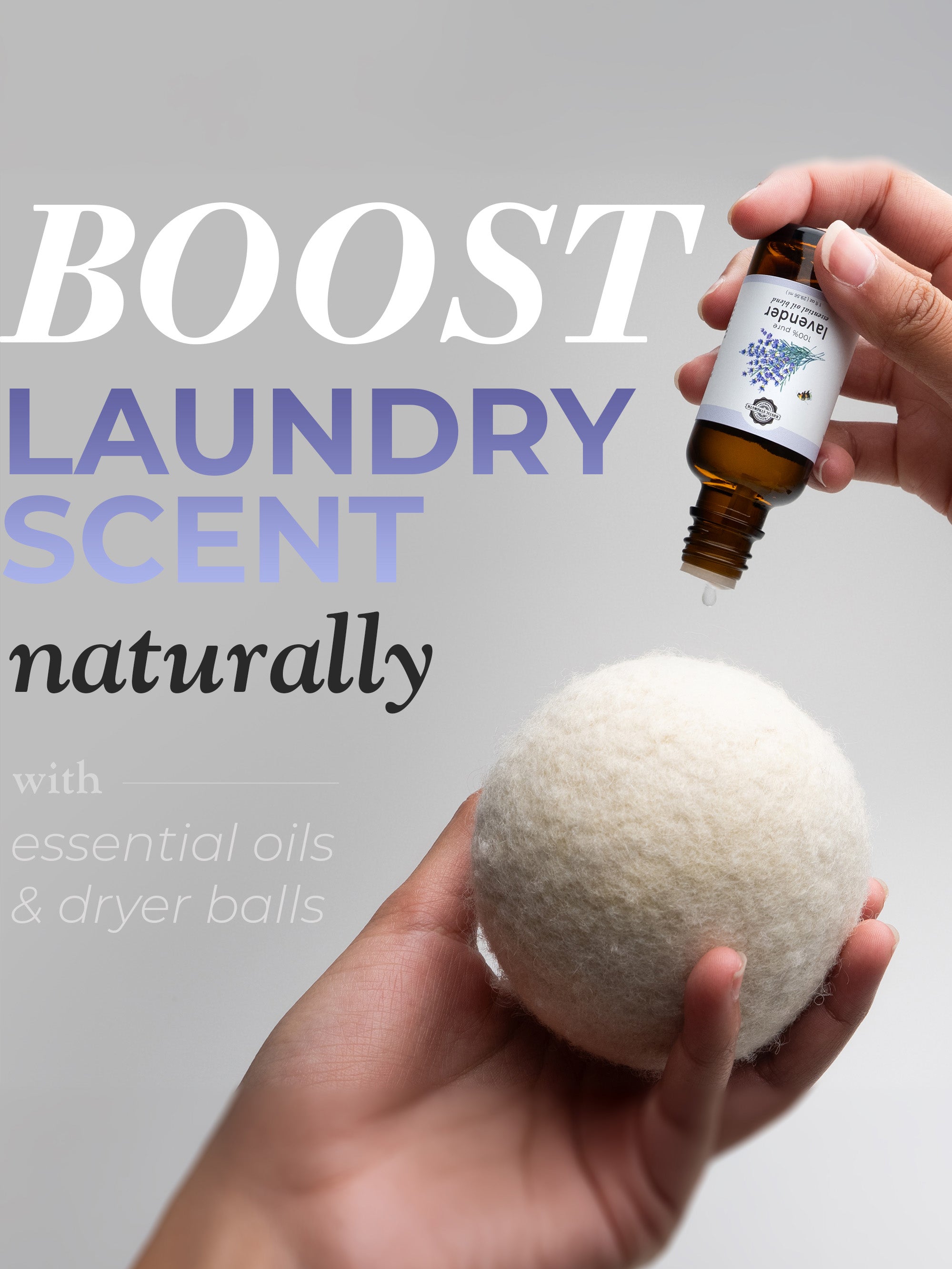 Hands drip lavender essential oil onto a wool dryer ball for a natural laundry scent booster.
