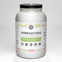 Rustic Strength presents its large jar of Epsom salt soak, infused with bergamot and grapefruit essential oils, promising natural skin moisturization and relief.
