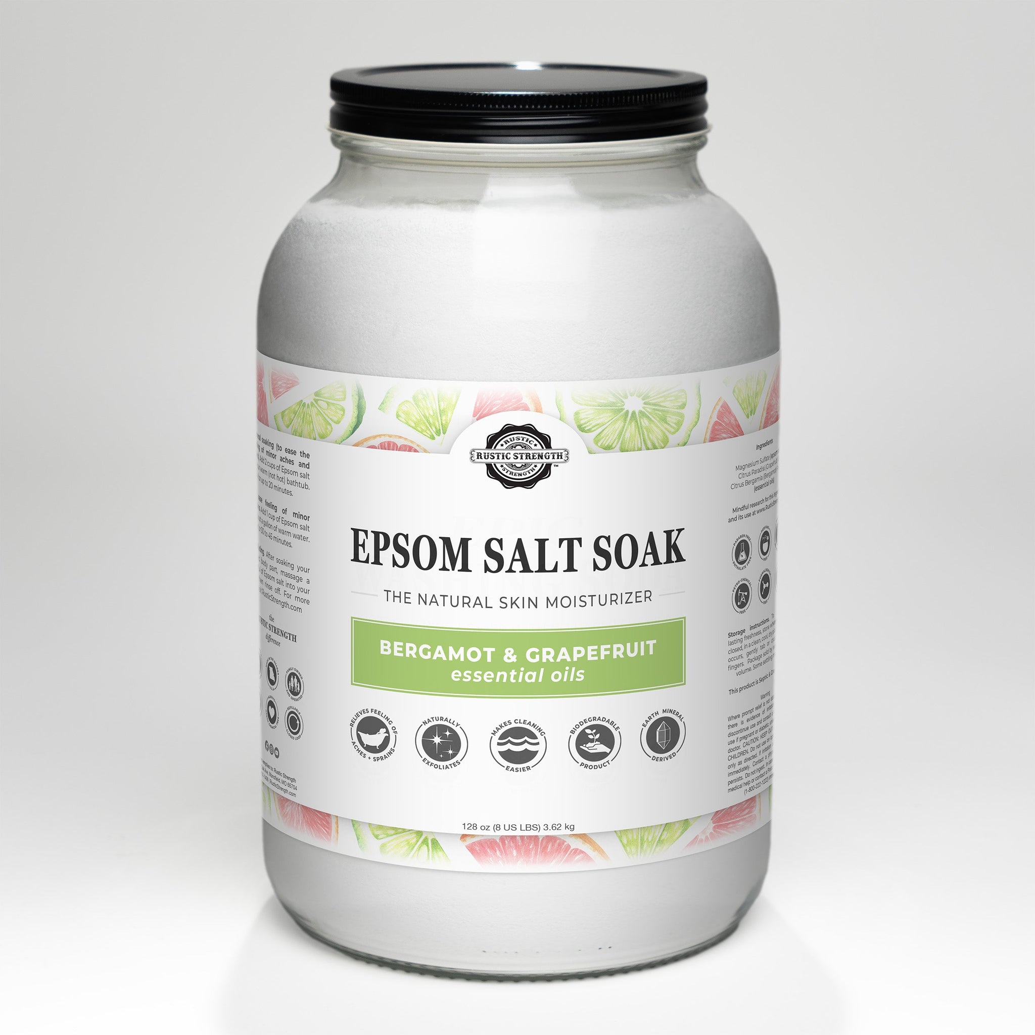 Rustic Strength presents its large jar of Epsom salt soak, infused with bergamot and grapefruit essential oils, promising natural skin moisturization and relief.
