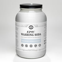 View Rustic Strength's unscented, hypoallergenic Epic Washing Soda in a large jar, offering boosted cleaning power without harsh chemicals.