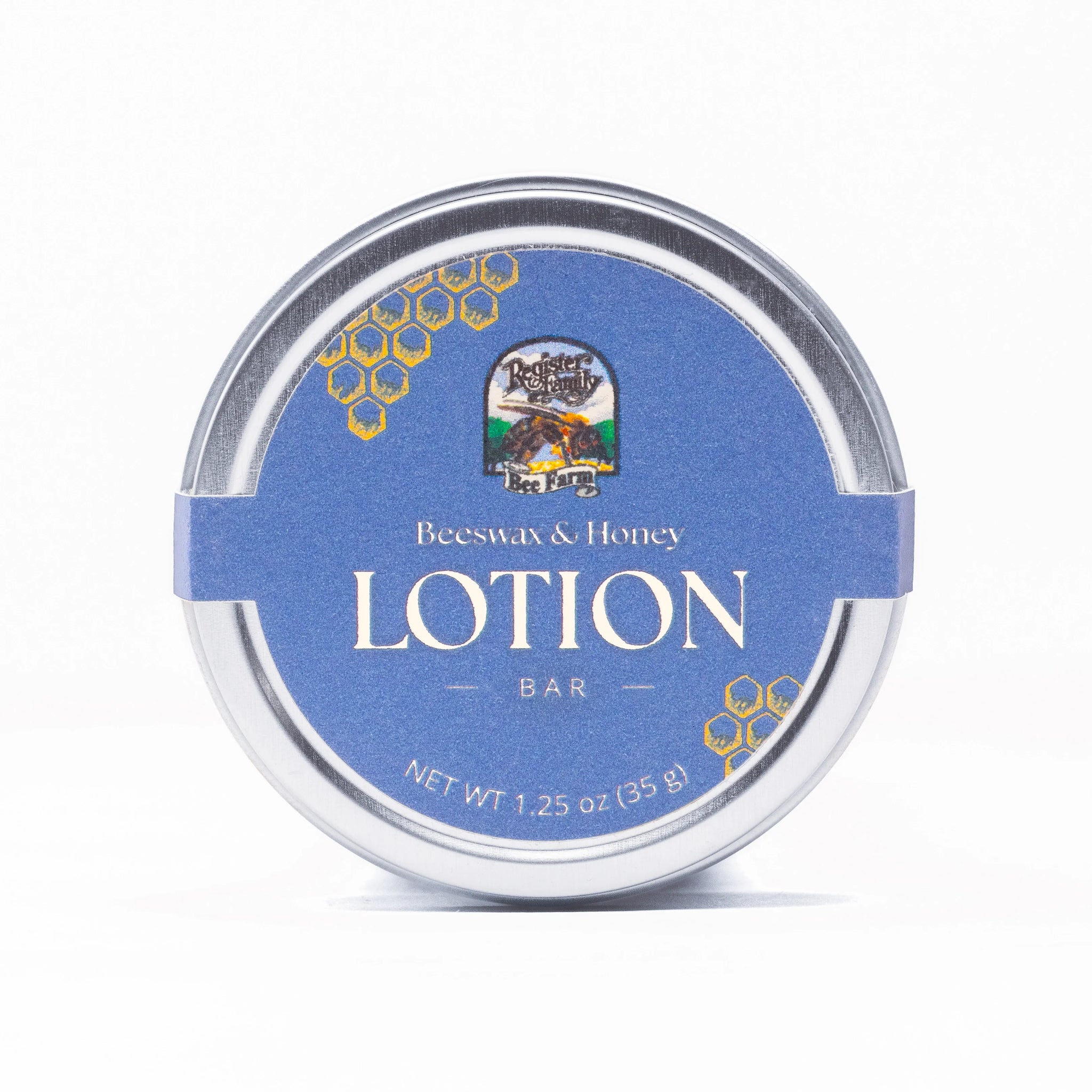 Viewers see a tin of Register Family Bee Farm beeswax and honey lotion bar.
