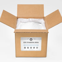 Open box displays a large bag of Epic Washing Soda, a hypoallergenic and unscented laundry booster and cleaner.
