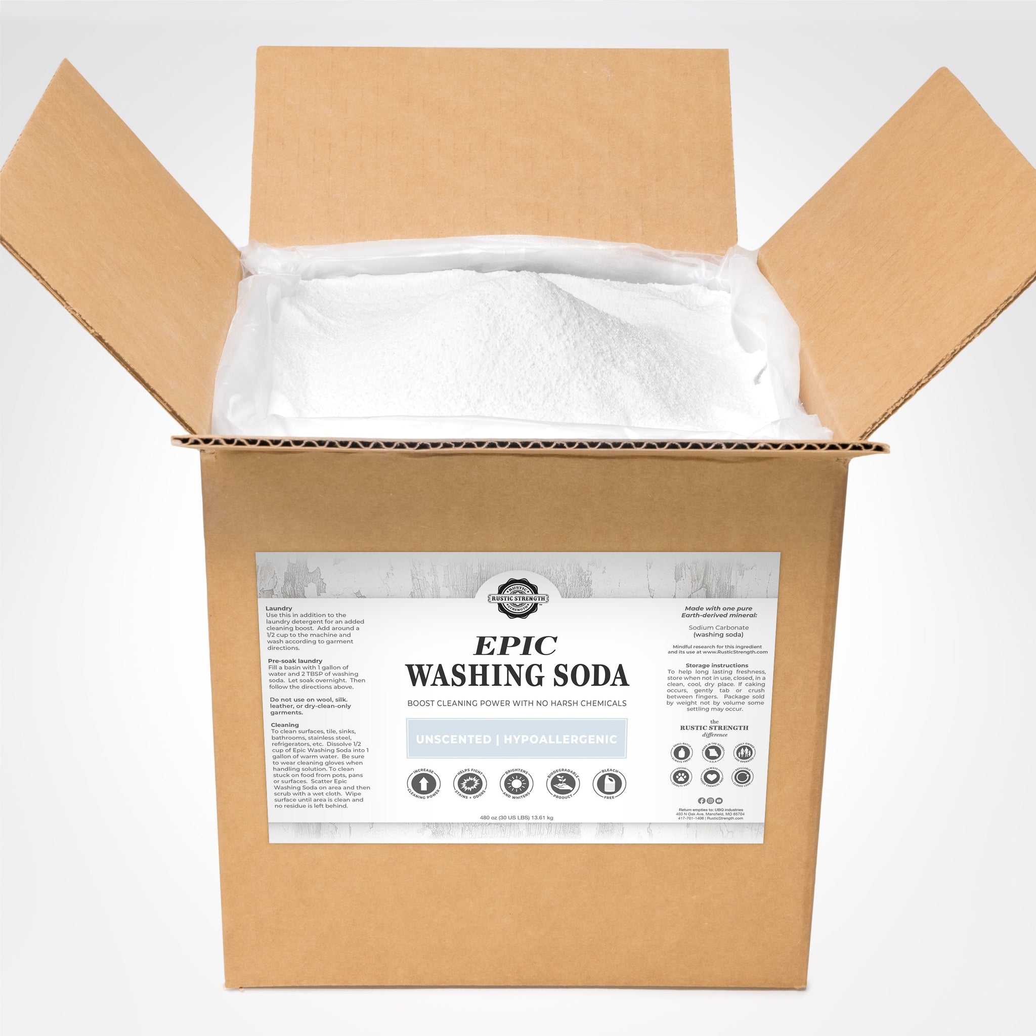 Open box displays Rustic Strength Epic Washing Soda, highlighting its unscented, hypoallergenic, and cleaning power with no harsh chemicals.
