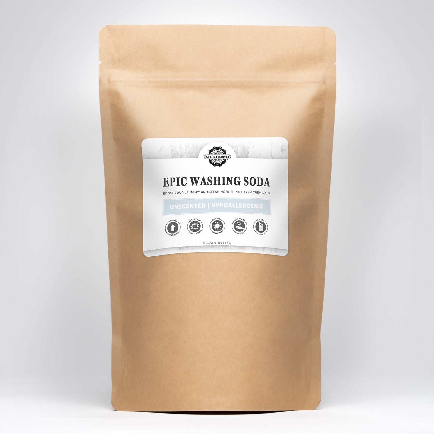 A kraft paper bag displays Epic Washing Soda laundry booster, promoting its unscented, hypoallergenic, and biodegradable qualities for eco-friendly cleaning.
