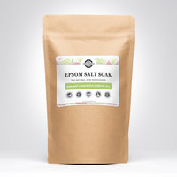 View package of Rustic Strength Epsom Salt Soak with bergamot and grapefruit essential oils for natural skin moisturizing.