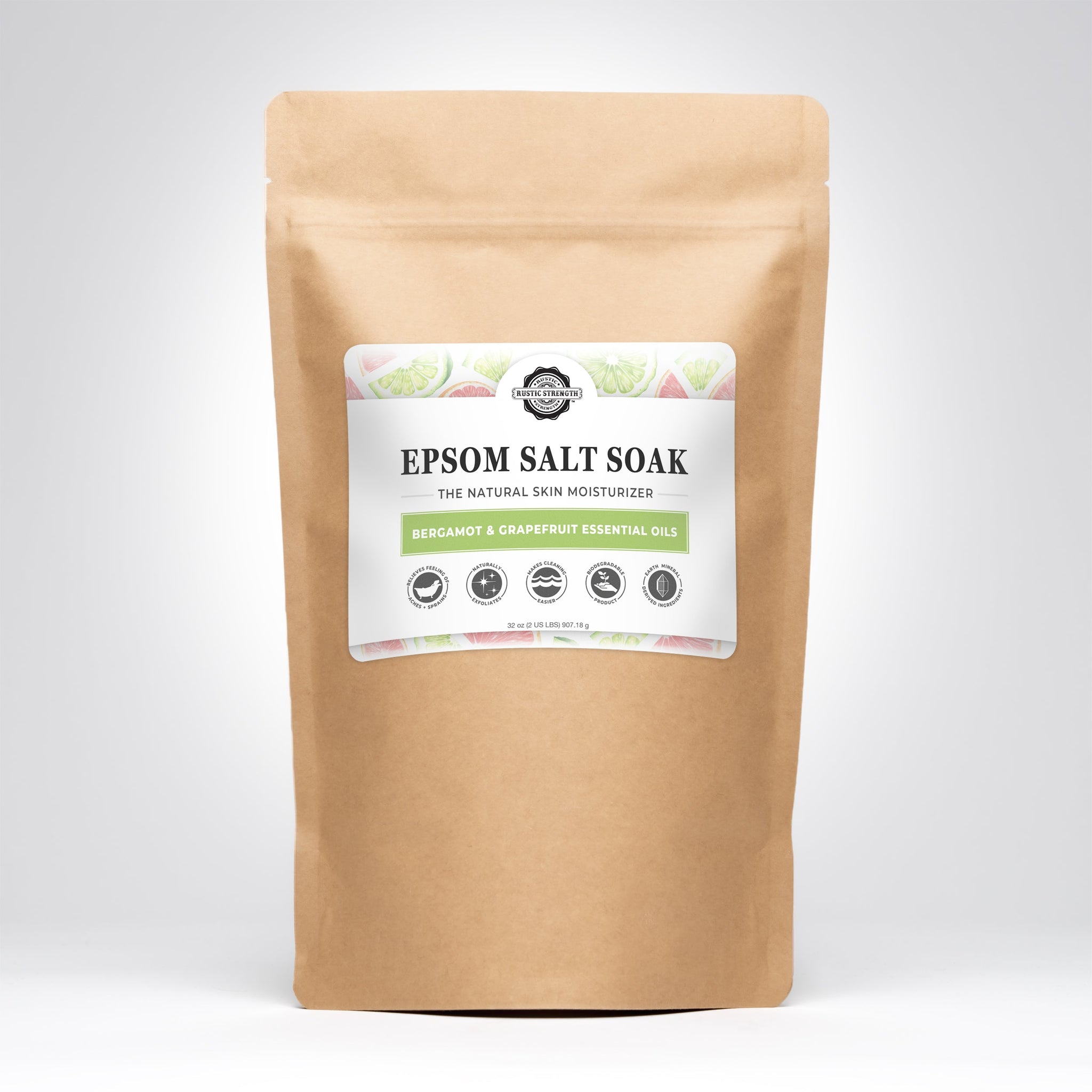 View package of Rustic Strength Epsom Salt Soak with bergamot and grapefruit essential oils for natural skin moisturizing.